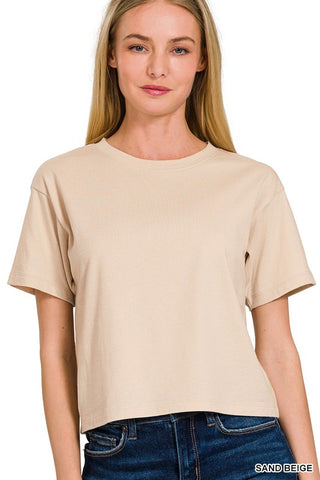 COTTON CREW NECK SHORT SLEEVE CROPPED T-SHIRT (2 COLORS)