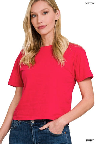 COTTON CREW NECK SHORT SLEEVE CROPPED T-SHIRT (2 COLORS)