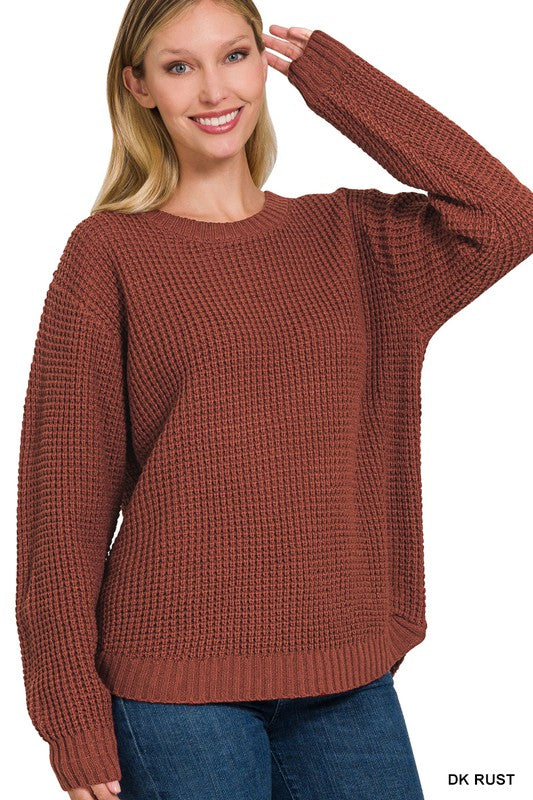 HI-LOW ROUND NECK WAFFLE SWEATER (3 colors)