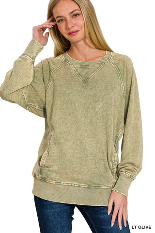 ACID WASH FRENCH TERRY PULLOVER WITH POCKETS (3 COLORS)