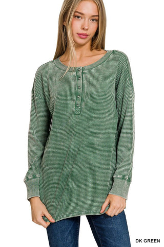 WASHED BABY WAFFLE HENLEY TOP (4 COLORS)