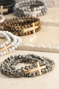 Cross Charm and Three Set Natural Stone Bracelet