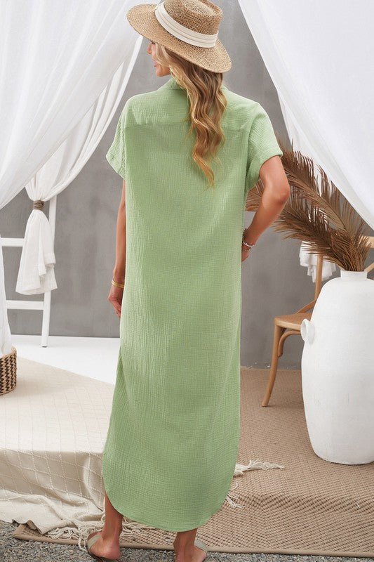 Crinkled Buttons Maxi Beach Dress with Slits