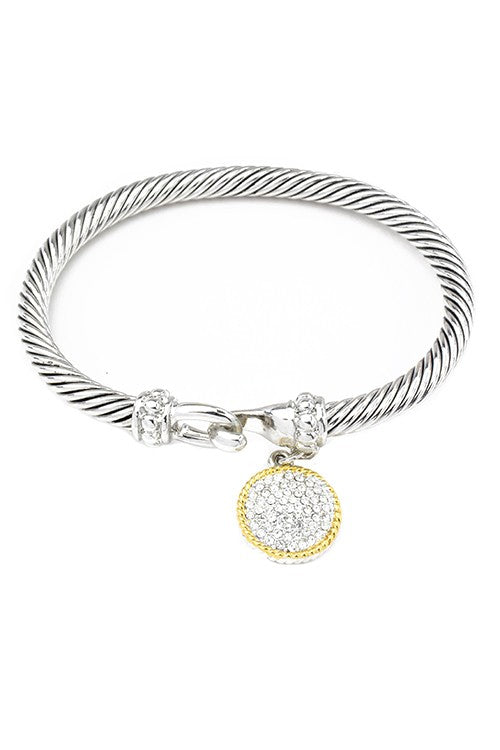 Two Tone Twisted Cable Bracelet with CZ Pave Charm (2 STYLES)